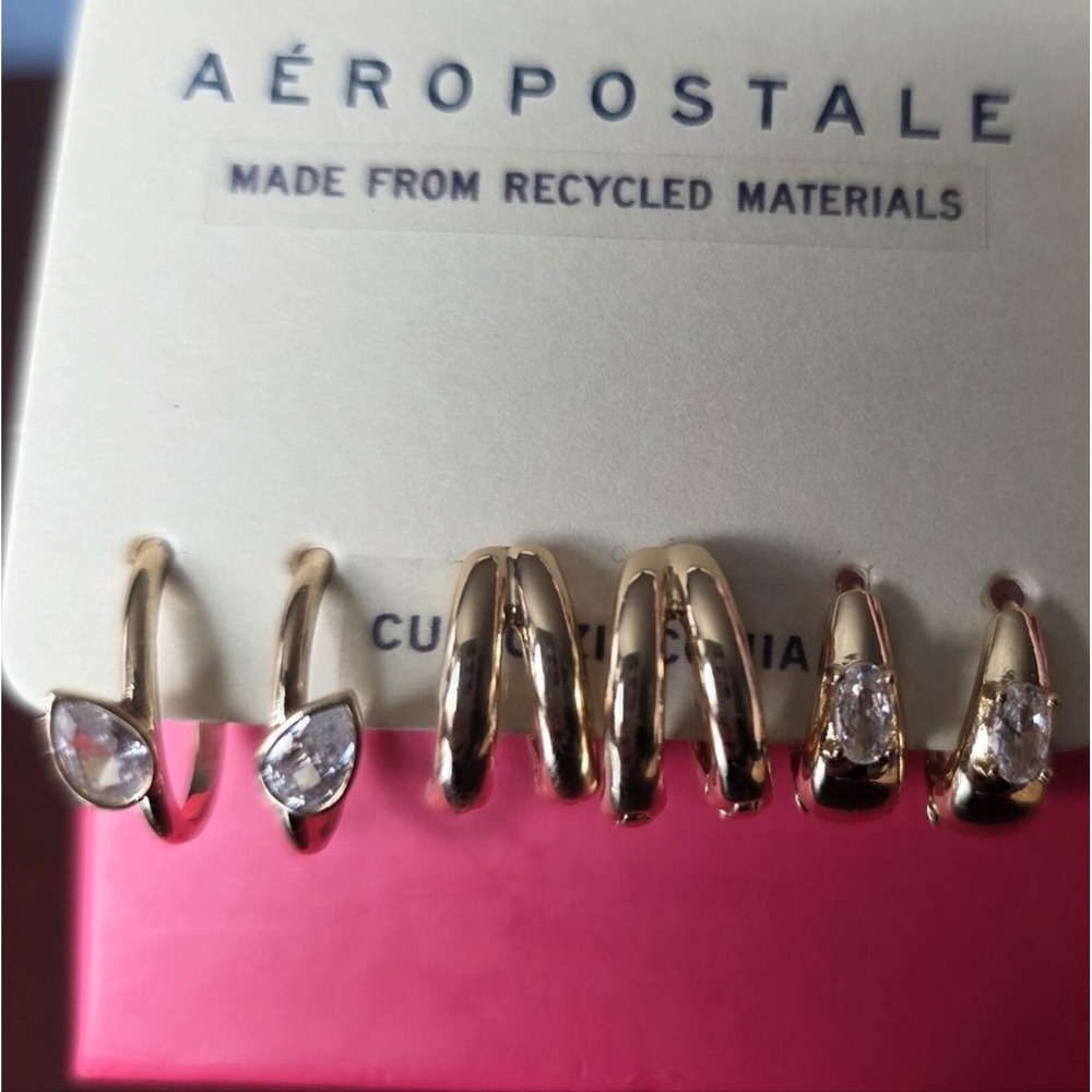 Aeropostale Gold Tone Cubic Zirconia Earring Set‎ 3 Pairs Y2K classic small